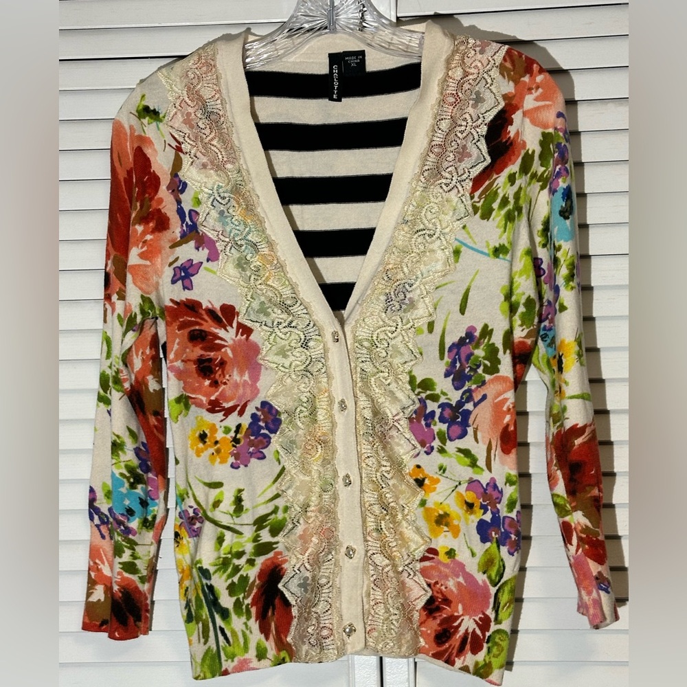 Charlotte Tarantola Anthropologie Bright Floral, Striped, Lace Cardigan Size XL